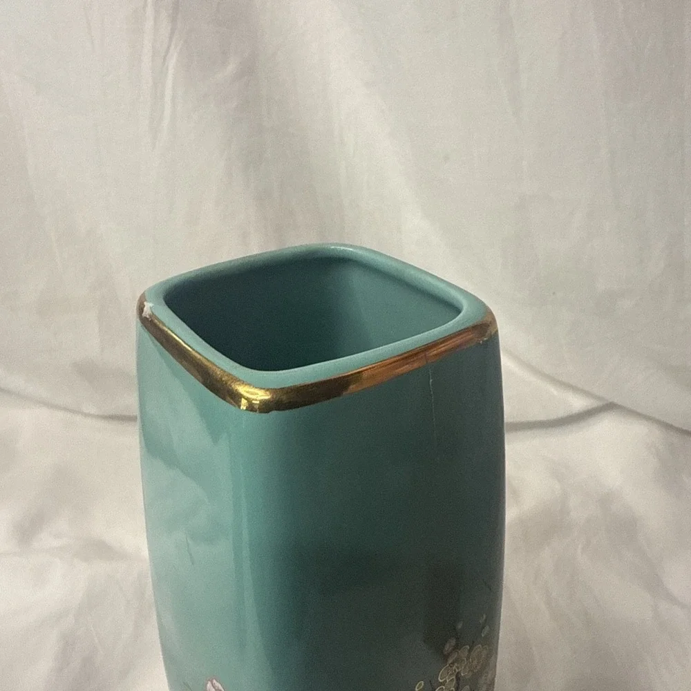 Vintage Teal Cloisonné Kutani Vase Floral Gold Gilt Flower Cart Ceramic Japan 9
